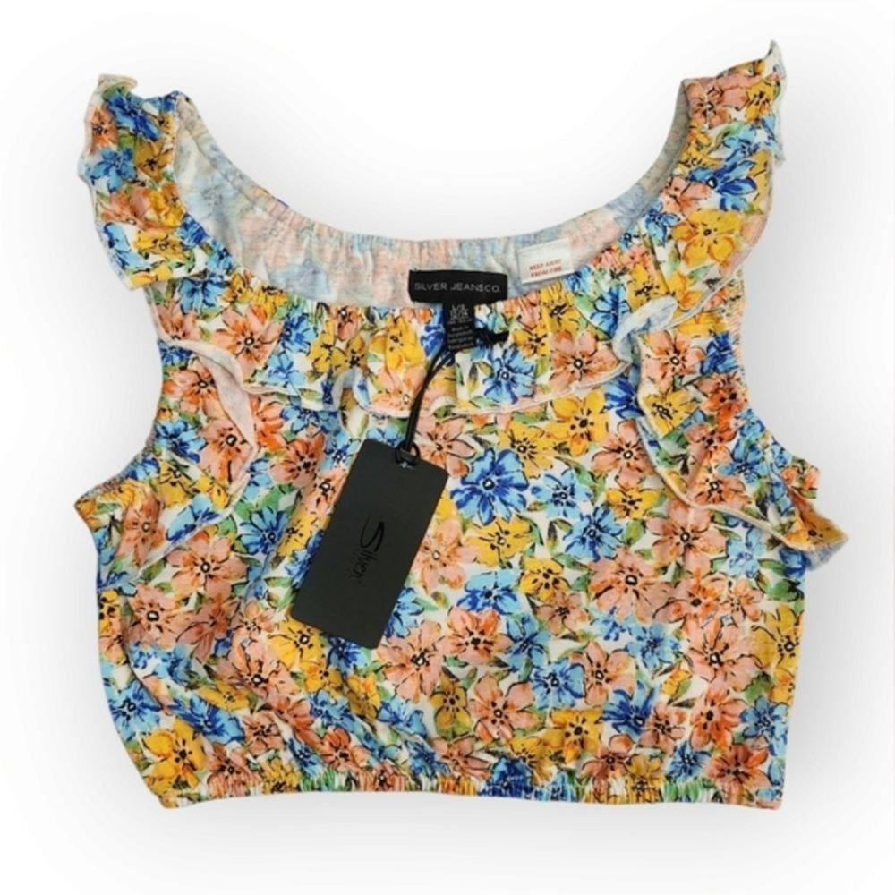 Silver Jeans Co Girls Youth Floral Pink Orange Blue Ruffled Crop Tank Top Size L